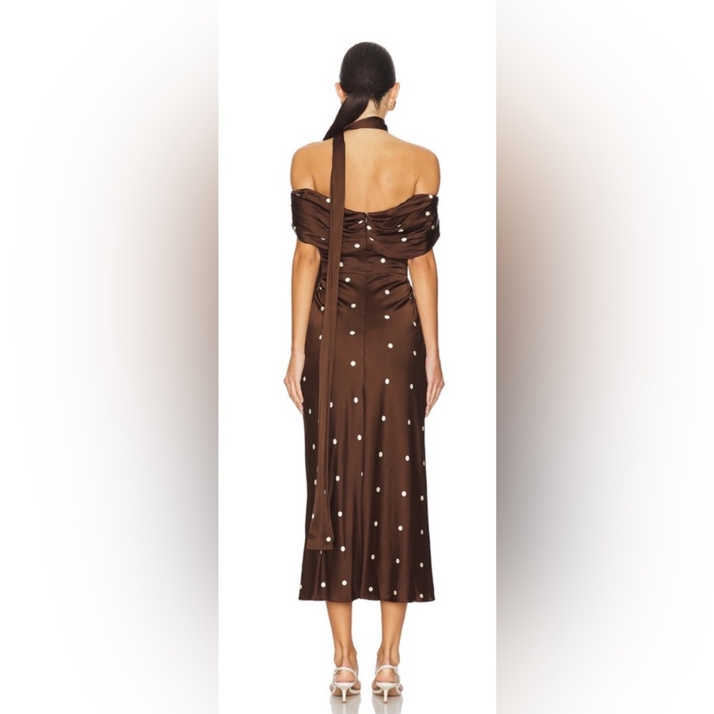 LPA Luisa revolve Brown Polka Dot Off-Shoulder Midi Dress - Picture 2 of 5